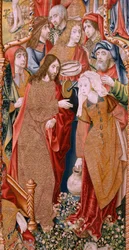 Arazzo fiammingo. Serie Episodi della Vita della Vergine. Le profezie si compiono alla nascita di Cristo. Primo arazzo della serie. Modelli attribuiti a Jan von Roome (o van B