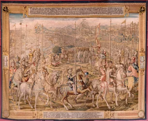 Arazzo fiammingo. Serie La conquista di Tunisi; Revisione delle truppe a Barcellona. Secondo arazzo della serie. Modello Jan Vermeyen e Pieter Coecke van Aelst. 1543-1548. Manifattura Real Fábrica de Tapices de Sant