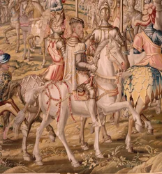 Arazzo fiammingo. Serie La Conquista di Tunisi; Revisione delle truppe a Barcellona. Secondo arazzo della serie. Modello Jan Vermeyen e Pieter Coecke van Aelst. 1543-1548. Manifattura Real Fábrica de Tapices de Sant