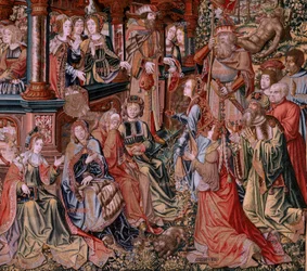 Arazzo fiammingo. Serie Gli Onori. Virtù. Ottavo arazzo della serie. Modellisti del circolo di Bernard van Orley e Jan Gossaert (Mabuse). Manifattura Pieter van Aelst, Bruxelles. Ca 1550. Tessuto oro, argento, seta