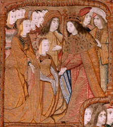 Arazzo fiammingo. Serie Trionfi della Madre o Paños de Oro. Annunciazione. Secondo arazzo della serie. Modello Colin de Cooter (?). Manifattura Pieter van Aelst (o van Edingen), Bruxelles. Ca 1500-1502.