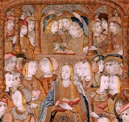 Arazzo fiammingo. Serie Trionfi della Madre o Paños de Oro. Annunciazione. Secondo arazzo della serie. Modello Colin de Cooter (?). Manifattura Pieter van Aelst (o van Edingen), Bruxelles. Ca 1500-1502.