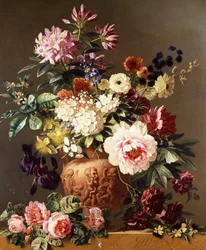 Natura morta di fiori estivi. Rose, peonie, anemoni, iris. Dipinto di Georgius Jacobus Johannes Os (1782-1861) Collezione privata.