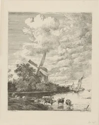 Veduta del fiume con mulino e mucche nell
