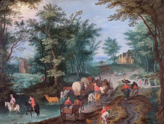 Paesaggio con figure che attraversano un ruscello