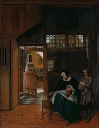 Una donna che prepara pane e burro per un ragazzo, c. 1660