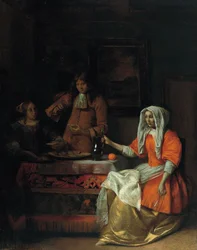 Interno con due donne e un uomo che bevono e mangiano ostriche