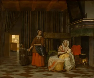 Donna e bambino con cameriera