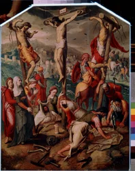 Calvario. Sul Golgota, Gesù Cristo crocifisso con gli altri due condannati a morte. Porta la targa INRI sulla croce. Ai piedi, Santa Maria Maddalena piange la morte di Gesù, il suo flacone è rovesciato sul suolo. Santa Veronica