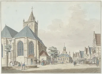 Il mercato di Vlaardingen con la chiesa e il municipio
