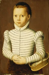 Ritratto di una giovane ragazza in costume bianco e nero con un cesto
