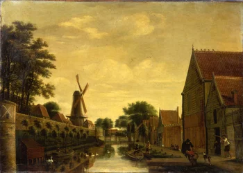 Un canale vicino a un muro di città con lavoratori che scaricano legname, c.1650