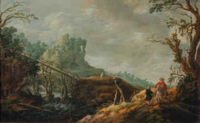 Paesaggio fluviale con ponte di legno e rovina