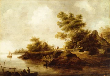 Paesaggio fluviale con figure in barca e un viaggiatore su un ponte (olio su tavola)