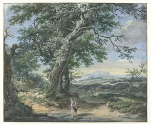 Paesaggio collinare con alberi imponenti e figure umane
