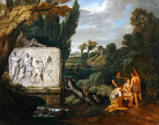 Paesaggio classico con fanciulle che danzano vicino a un sarcofago che raffigura il Trionfo di Sileno