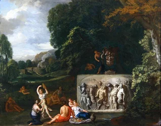 Paesaggio classico con fanciulle che danzano vicino a un sarcofago raffigurante il trionfo di Sileno
