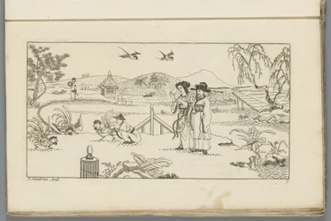 Paesaggio con spettatori a un combattimento di galli; Cinesi di nuova invenzione, disegnati con grande fatica e dati alla luce da P. Schenk Jun (...), prima parte (titolo della serie)