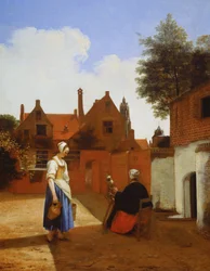Cortile a Delft di sera: una donna che fila