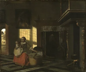 Interno con una madre vicino a una culla