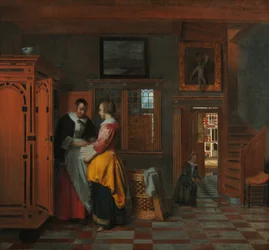 Interno con donne accanto a un armadio di lino