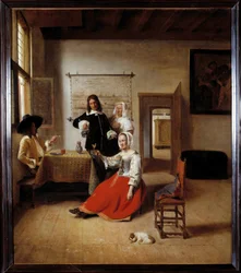 La bevitrice. Una donna alcolizzata in una casa fiamminga circondata da altri bevitori. Dipinto di Pieter de Hooch (1629-1684), 1658. Alt. 0,69 x 0,6 m - Donna che beve con soldati. Interno di una casa fiamminga. Dipinto di Pieter de Hooch (1629-1684)