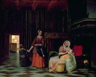 Donna con neonato, domestica con bambino