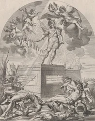 Ferdinando come Marte, in piedi su un piedistallo, dal libro di Guillielmus Becanus 