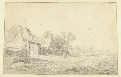 Paesaggio dunale con tre figure davanti a una fattoria