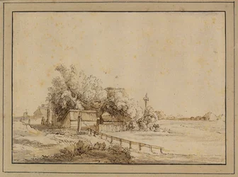 Figure fuori da una locanda, edifici agricoli e il palo di una colombaia, fuori Amsterdam