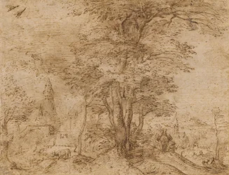Un villaggio con un gruppo di alberi e un mulo, c.1552-54