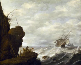 Una nave olandese in un mare turbolento al largo di una costa rocciosa, c.1640