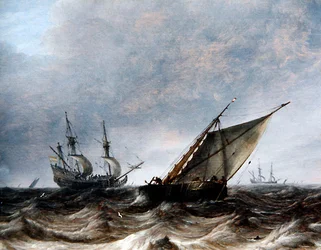 Smalschip e nave da guerra in mari agitati
