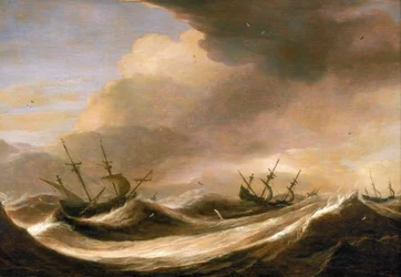 Navi in alto mare fuggono dalla tempesta, vele ridotte, scosse dalle forti onde