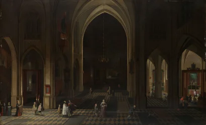 Interno di una chiesa gotica di notte con sguardo verso est