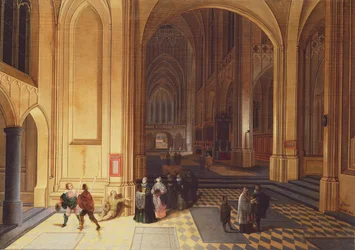 Interno di una cattedrale con un mendicante e altre figure