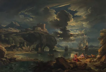 Paesaggio costiero mediterraneo al chiaro di luna, c.1700-01