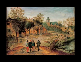Paesaggio di un villaggio con contadini che conversano in primo piano, 1634