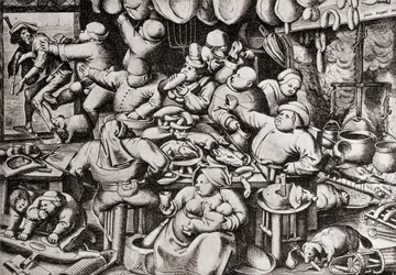 Mendicante cacciato dalla cucina di un ricco, nel XVI secolo (incisione)