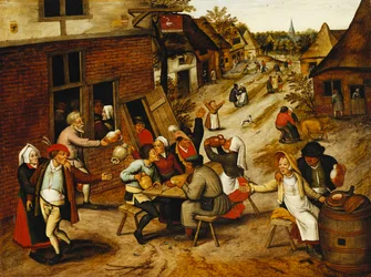 Contadini che Festeggiano Fuori dalla Locanda del Cigno in una Strada di Villaggio, 1630