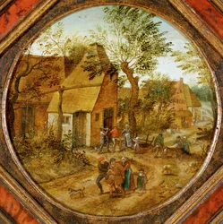 Strada del villaggio con contadini (dipinto su legno)