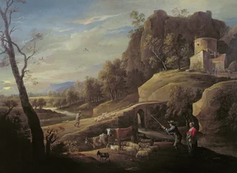 Paesaggio con contadini che curano i loro animali