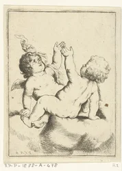 Un angelo e un bambino su una nuvola