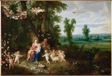 La Sacra Famiglia con San Giovanni Battista e angeli (dipinto su rame)