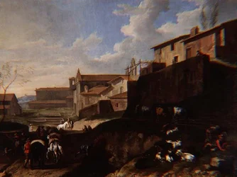 Veduta capricciosa con chiese, cottage e viaggiatori