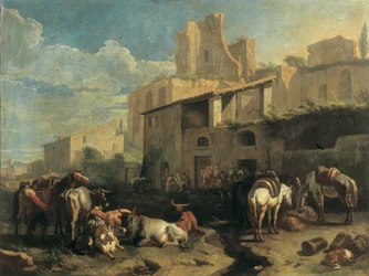 Viaggiatori e Vari Animali si Fermano Davanti a una Taverna con Rovine Romane sullo Sfondo