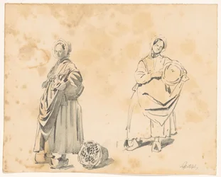 Due studi di una donna in piedi con un cesto