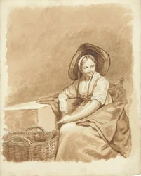 Ragazza seduta con un grande cappello e un cesto