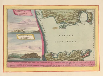 Veduta della roccia di Gibilterra e una mappa dello stretto di Gibilterra