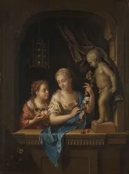 Due ragazze con fiori vicino a una statua di Cupido